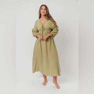 Worth Collective Hunter 100% Cotton Gauze Midi Dress in Thyme